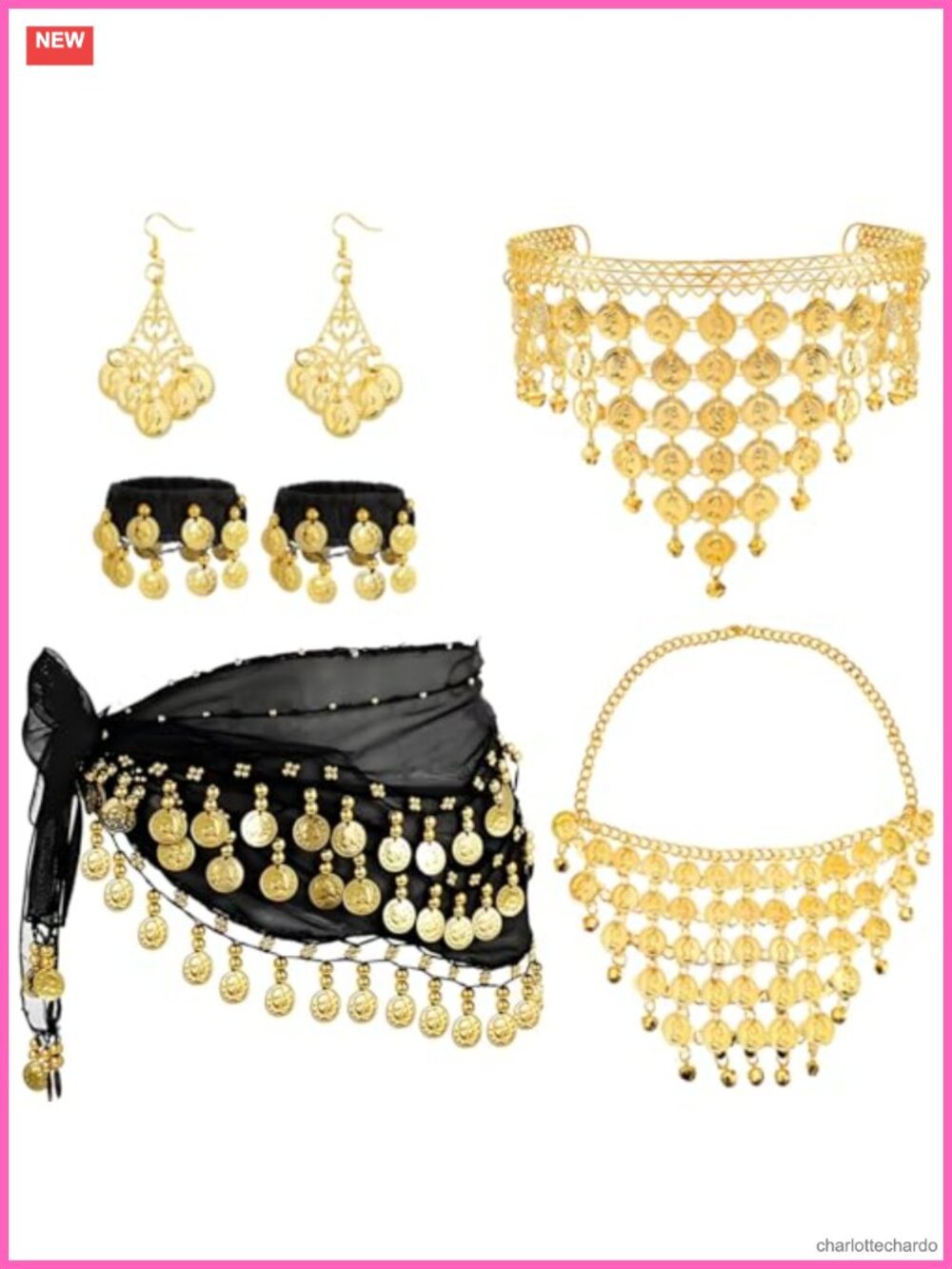 7 Pc Gypsy Belly Dancer Costume Set Chiffon Hip Scarf Coin Jewelry Halloween